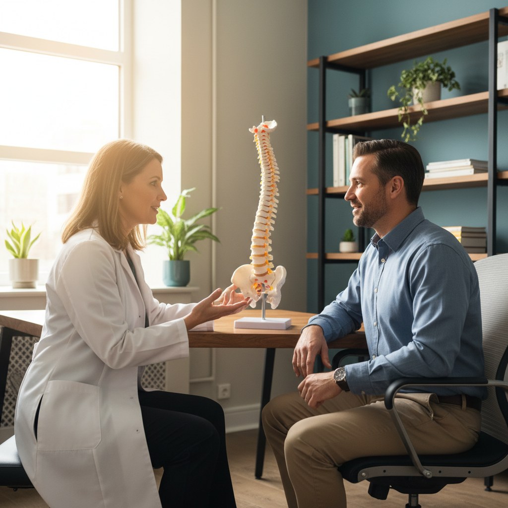 Chiropractor consulting with a patient at a West Knoxville office